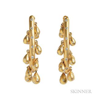 18kt Gold and Diamond Earrings, each hoop suspending drops, set with full-cut diamonds, 14.5 dwt, lg. 2 5/8 in.