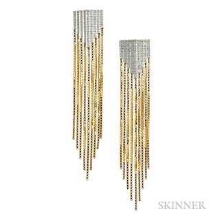 18kt Gold and Diamond Earrings, set with full-cut diamond melee and suspending delicate box chain, lg. 3 in.