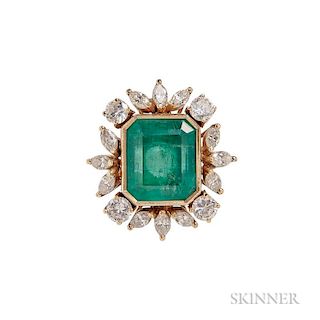 18kt Gold, Emerald, and Diamond Ring, bezel-set with an emerald-cut emerald measuring approx. 13.00 x 11.00 x 7.70 mm, framed