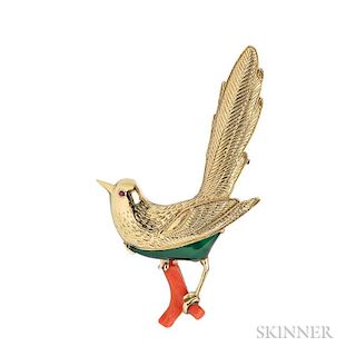 18kt Gold Gem-set Bird Brooch, Boucheron, Paris, c. 1960s, with ruby eye and chrysophrase belly, perched on a coral branch, l