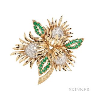 18kt Gold, Emerald, and Diamond Flower Brooch, Charles Vaillant, set with circular-cut emeralds and full-cut diamonds, total 