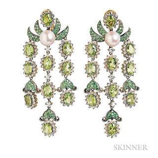 18kt Gold Gem-set Earrings, Laura Munder, set with peridot and tsavorite garnets, with full- and rose-cut diamonds, and cultu