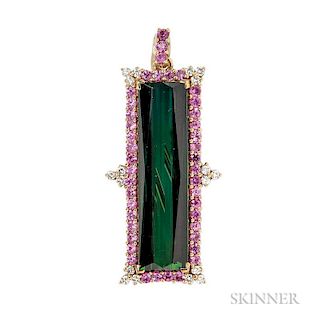 18kt Gold, Green Tourmaline, Pink Sapphire, and Diamond Pendant/Brooch, Laura Munder, the large fancy-cut tourmaline framed b