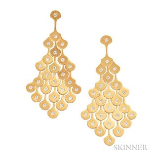 18kt Gold and Diamond Earrings, in matte gold, set with full-cut diamonds, 14.5 dwt, lg. 3 in.