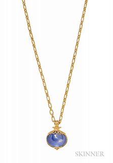 22kt Gold and Sapphire Pendant, France, the oval double cabochon measuring approx. 15.60 x 12.00 x 7.72 mm, suspended from ro