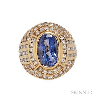 18kt Gold, Sapphire, and Diamond Ring, bezel-set with an oval-cut sapphire measuring approx. 12.50 x 7.90 x 6.80 mm, and weig