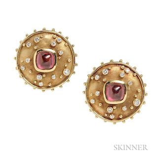18kt Gold, Pink Tourmaline, and Diamond Earclips, each with a sugarloaf tourmaline, with bezel-set full-cut diamonds, applied