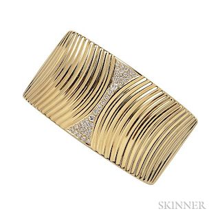 18kt Gold and Diamond Bracelet, the hinged bangle bead-set with full-cut diamond melee, 58.4 dwt, interior cir. 6 1/4 in.