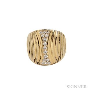 18kt Gold and Diamond Ring, the tapering ribbed form with bead-set full-cut diamond melee, 8.1 dwt, size 6 1/2.