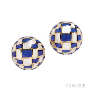 18kt Gold, Lapis, and Mother-of-pearl "Basket Weave" Earrings, Tiffany & Co., each a dome of inlaid rectangles of lapis and m