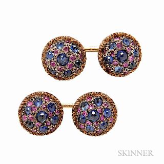18kt Gold and Sapphire Cuff Links, Buccellati, c. 1960s, bead-set with pink and blue sapphires, signed.