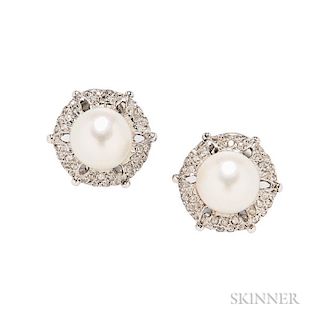18kt Gold, Cultured Pearl, and Diamond Earclips, Buccellati, each centering a pearl measuring approx. 10.00 mm, bead-set with