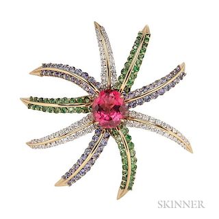 18kt Gold and Platinum Gem-set and Diamond "Fireworks" Brooch, Tiffany & Co., centering a rubellite, with bursts of tanzanite