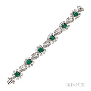 Platinum, Emerald, and Diamond Bracelet, c. 1970s, set with six emerald-cut emeralds, and full- and baguette-cut diamonds, ap