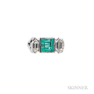 Platinum, Emerald, and Diamond Ring, the square-cut emerald flanked by fancy-cut diamonds, size 4 3/4.