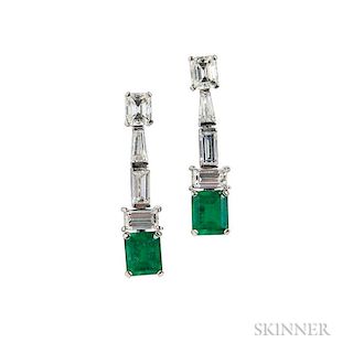Platinum, Emerald, and Diamond Earrings, the emerald-cut emeralds suspended from fancy-cut diamonds, lg. 7/8 in.