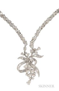 Diamond Necklace, the platinum and fancy-cut diamond drop suspended from a white gold and graduating marquise-cut diamond riv
