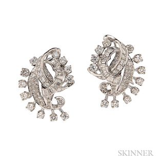 14kt White Gold and Diamond Earrings, set with full-, single-, and tapered baguette-cut diamonds, approx. total wt. 5.00 cts.