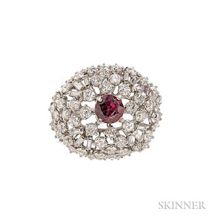 Platinum, Garnet, and Diamond Dome Ring, the circular-cut garnet with full- and baguette-cut diamonds, size 7.