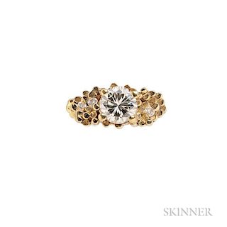 18kt Gold and Diamond Ring, c. 1970, centering a round full-cut diamond weighing 1.77 cts., size 9 1/2.  Note: Accompanied by