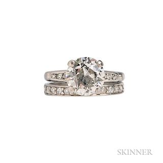 Platinum and Diamond Ring, c. 1940s, centering an old European-cut diamond weighing approx. 2.10 cts., accompanied by a diamo