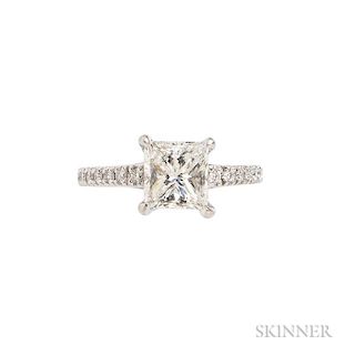 Platinum and Diamond Ring, centering a princess-cut diamond weighing 1.83 cts., bead-set diamond shoulders, size 6.
