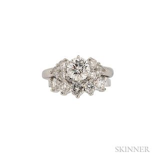 Platinum and Diamond Ring and Band, centering a round brilliant-cut diamond weighing 1.08 cts., flanked by six full-cut diamo