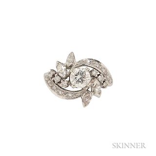 Diamond Ring, centering a prong-set full-cut diamond weighing approx. 0.60 cts., surrounded by marquis and single-cut diamond