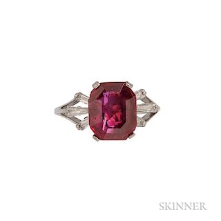 Ruby and Diamond Ring, the emerald-cut ruby weighing 4.21 cts., flanked by tapered baguettes, size 5 1/4. Note: Accompanied b