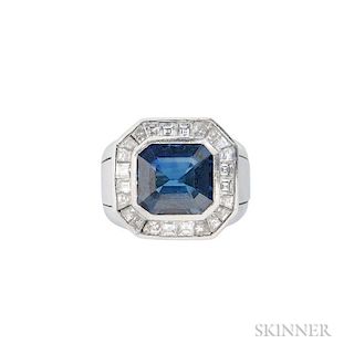 Platinum, Sapphire, and Diamond Ring, Hammerman Brothers, bezel-set with an emerald-cut sapphire weighing 6.43 cts., framed b
