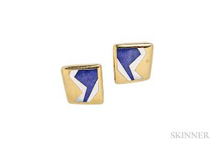 18kt Gold, Mother-of-pearl, and Lapis Earclips, Tiffany & Co., each designed as a polygon with inlaid abstract design, signed