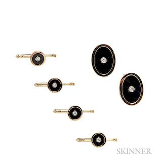 18kt Gold, Onyx, and Diamond Dress Set, Tiffany & Co., a pair of cuff links and four shirt studs, 13.5 dwt, signed, boxed.