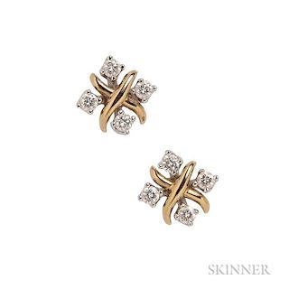18kt Gold, Platinum, and Diamond "Lynn" Earrings, Schlumberger for Tiffany & Co., prong-set with full-cut diamonds, signed, l