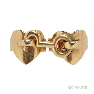 18kt Gold Two-finger Ring, Aldo Cipullo, Cartier, designed as latched hearts, 22.9 dwt, size 6 1/4, 4 3/4, no. 84918, 84916, 