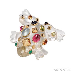 18kt Gold, Crystal, and Gem-set Brooch, Seaman Schepps, designed as a crystal frog bezel-set with gemstones including amethys
