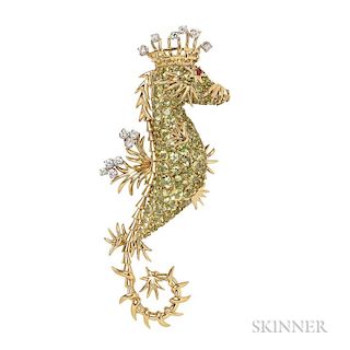 18kt Gold, Peridot, Diamond, and Ruby Brooch, Schlumberger for Tiffany & Co., c. 1960s, designed as a seahorse with peridot b
