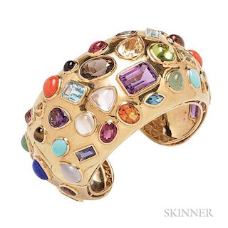 18kt Gold Gem-set "Fifties" Bracelet, Seaman Schepps, the hinged bangle bezel-set with gemstones including moonstone, coral, 
