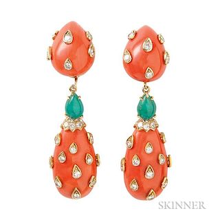 18kt Gold, Coral, Diamond, Emerald Day/Night Earclips, David Webb, c. 1980, each designed as coral teardrops bead-set with fu