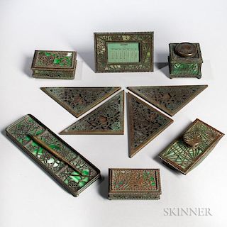 Eleven Tiffany Studios Desk Set Items in Pine Needle and Grapevine Patterns