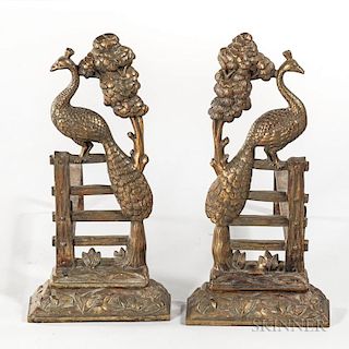 Pair of Peacock Decorated Andirons