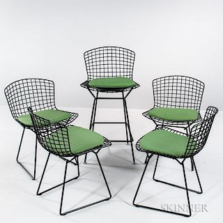 Four Bertoia-style Chairs and a High Stool