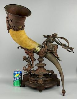 Antique large german bronze mounted Drinking Horn