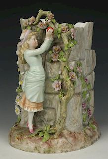 Rudolstadt Ernst Bohne Sohne Figurine Vase Girl Picking Apples