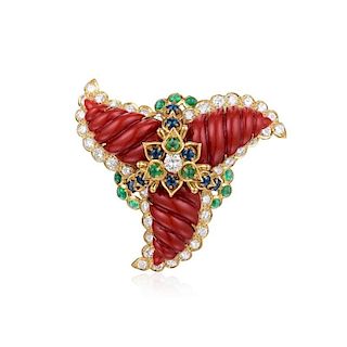 Kutchinsky Coral, Diamond, Sapphire, and Emerald Pinwheel Pendant/Brooch