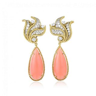 A Pair of Diamond and Coral Drop Earrings