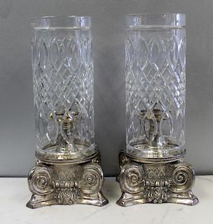 A Pair of Silverplate and Cut Glass Hurricane