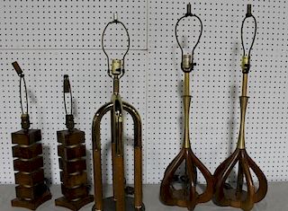 MIDCENTURY. Lot of 4 Brass and Wood Lamps.