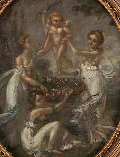 A 19THC OIL ON TIN ALLEGORICAL OF THE THREE GRACES