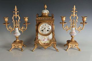 FRENCH BRONZE AND HAND PAINTED PORCELAIN CLOCK SET