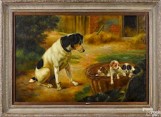 Contemporary oil on canvas of dogs and puppies